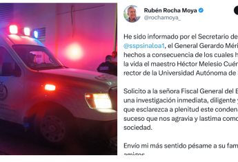 Rocha Moya solicita a Fiscalía investigar de inmediato el asesinato de Cuén Ojeda