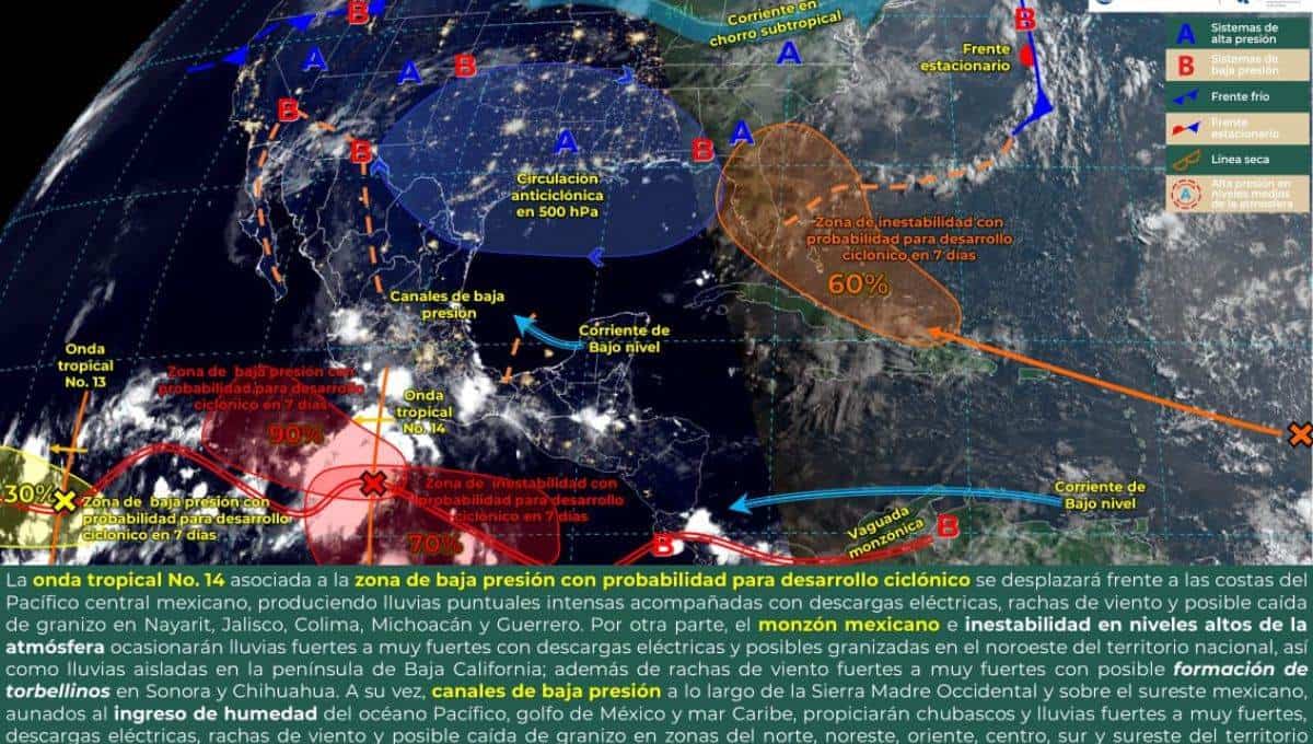 El posible ciclón se encuentra al sur de Chiapas y Guerrero. FOTO: SMN