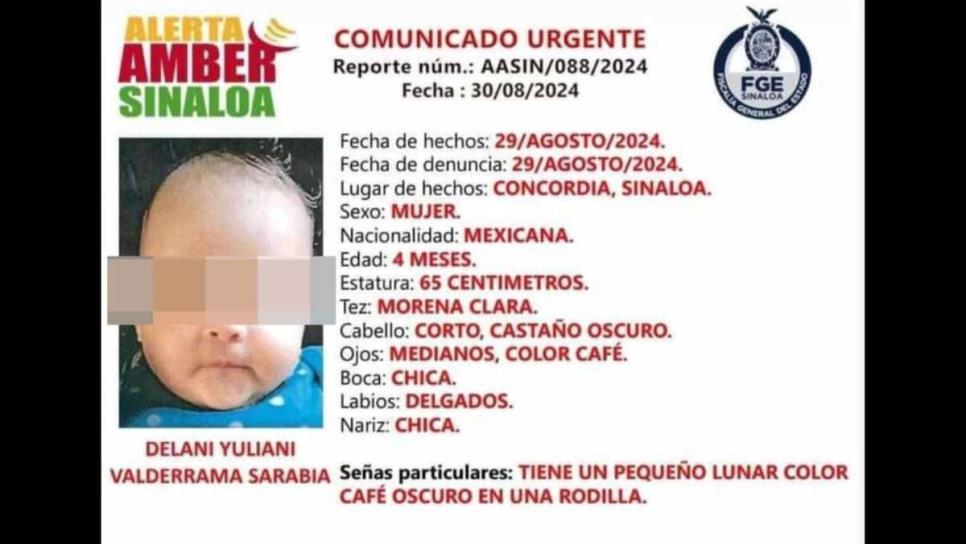 Reportan a bebé de cuatro meses desaparecida en Concordia, Sinaloa