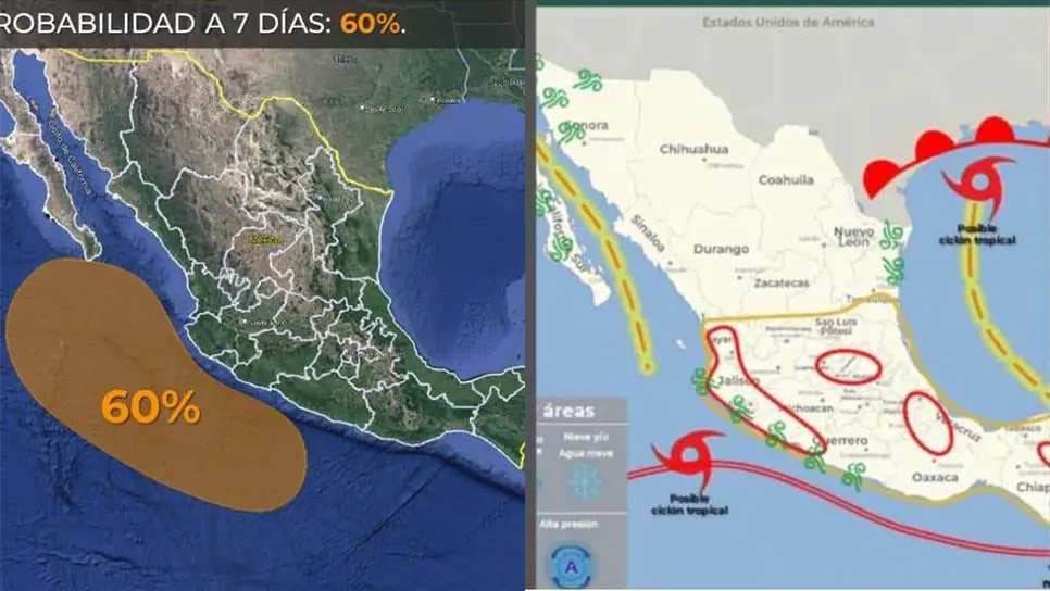 El posible ciclón se mantiene con un 60% de formarse en los próximos 7 días. FOTO: SMN en X