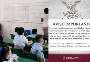 Se suspenden clases en Ahome, Mazatlán y Navolato, por tormenta Ileana