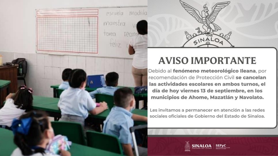 Se suspenden clases en Ahome, Mazatlán y Navolato, por tormenta Ileana