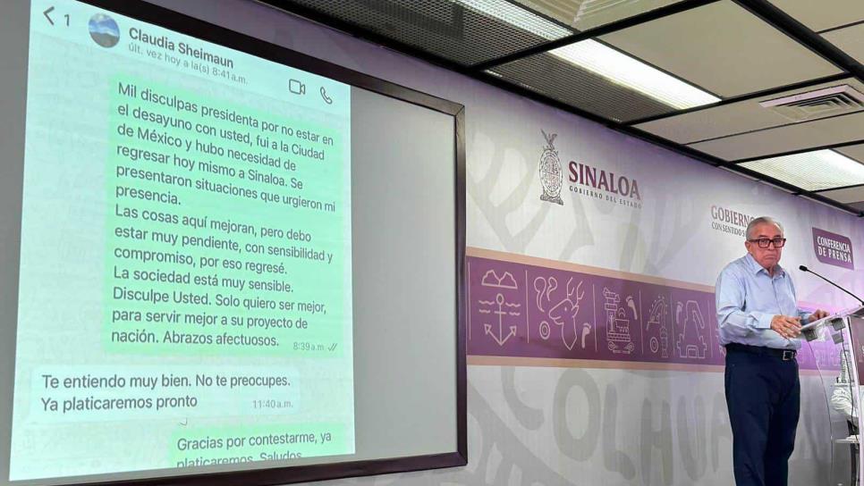 Rocha Moya no se reunió con Sheinbaum ni fue a Congreso de Morena por violencia en Sinaloa