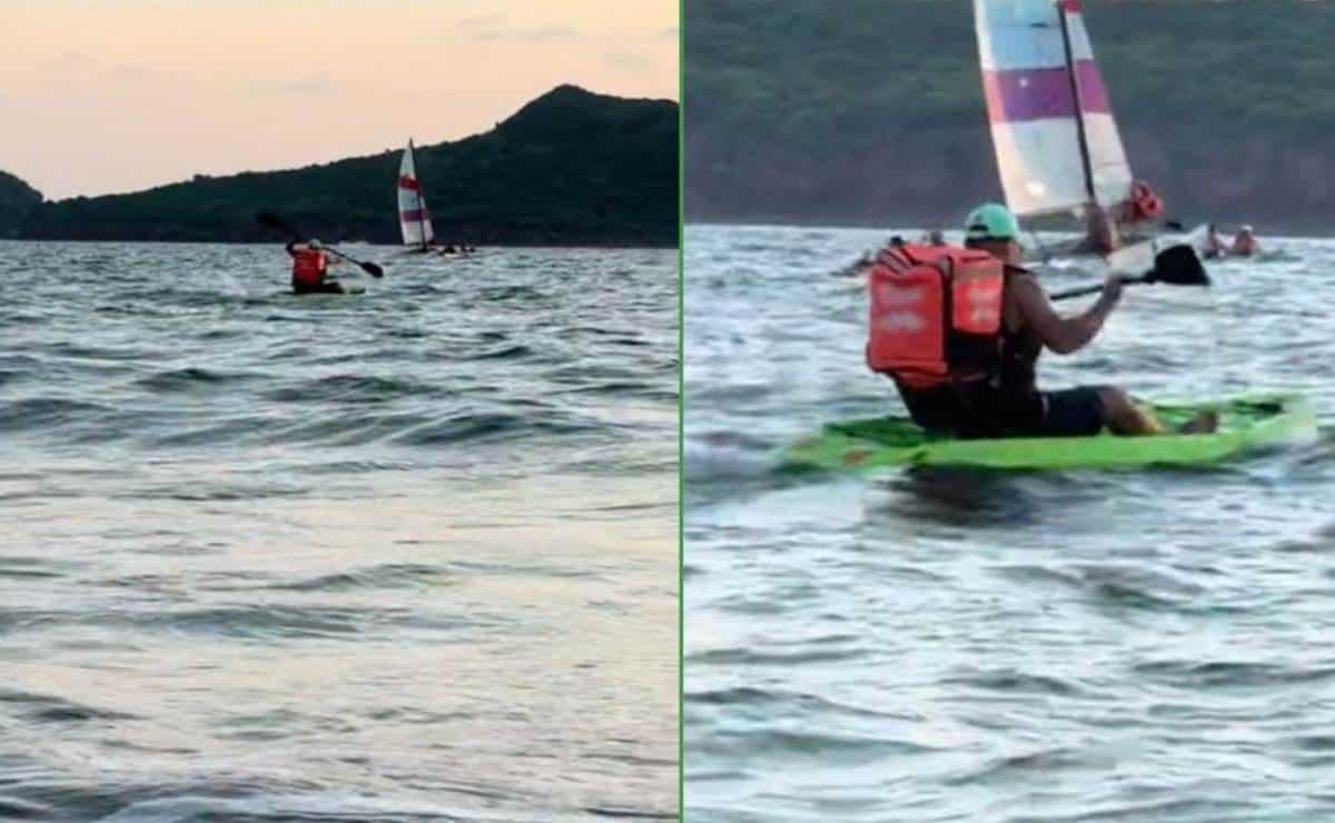 ¿A cualquier rincón? Se viraliza repartidor de plataforma que en kayak llevaba pedido por playas de Mazatlán