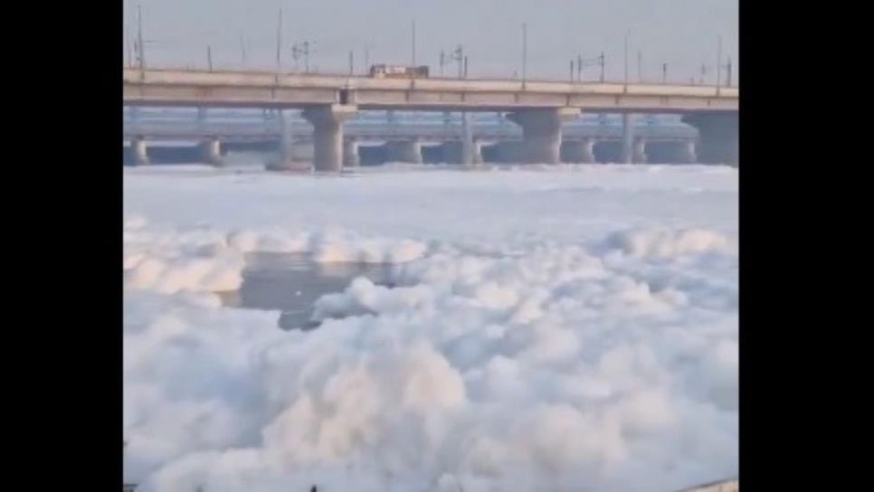 Gruesa capa de espuma tóxica cubre el río Yamuna de la India  VIDEO