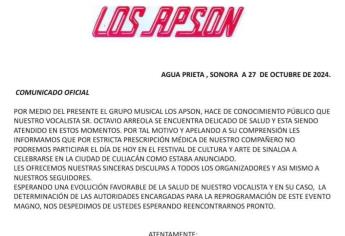 Banda Los Apson cancelan su participación en el Festival Cultural Sinaloa en Culiacán