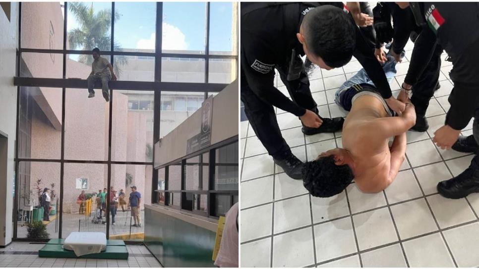 Detienen a sujeto por alterar el orden y amenazar con arrojarse de ventanal en IMSS Los Mochis