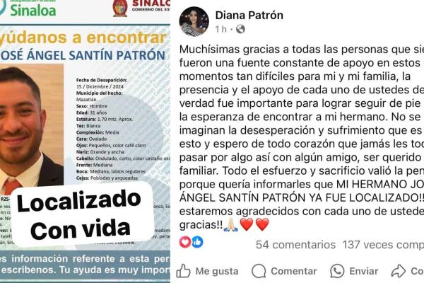 Localizan con vida a José Ángel Santín, joven desaparecido en Mazatlán