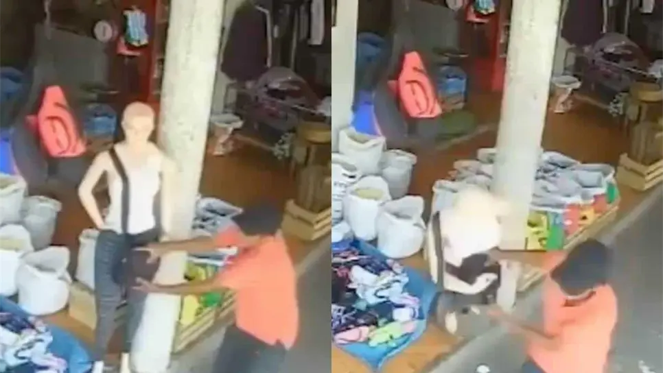 Ladrón confunde a un maniquí con una persona y lo asalta, quedó grabado | VIDEO