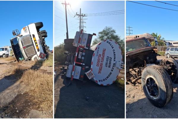 Vuelca pipa cargada de diésel en la México 15 en Concheros, Ahome