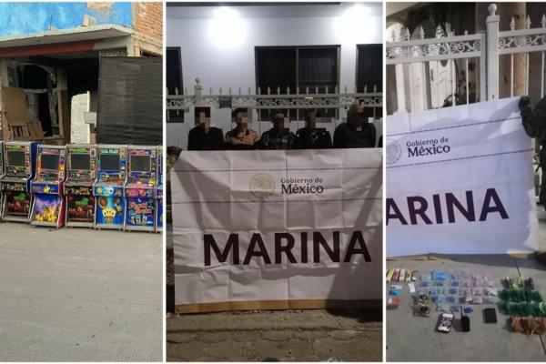 Secretaría de Marina detiene a 6 personas, decomisa maquinitas y droga en Mazatlán