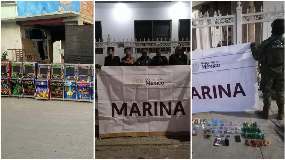 Secretaría de Marina detiene a 6 personas, decomisa maquinitas y droga en Mazatlán