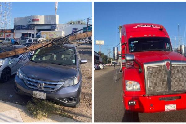 Tráiler intentaba maniobrar y derriba postes y causa daños en tres vehículos en Los Mochis