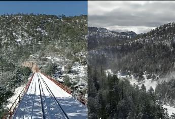 Así se ve el Tren Chepe cruzando el puente de La Laja cubierto de nieve en Chihuahua