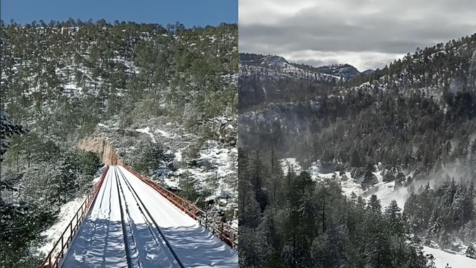 Así se ve el Tren Chepe cruzando el puente de La Laja cubierto de nieve en Chihuahua