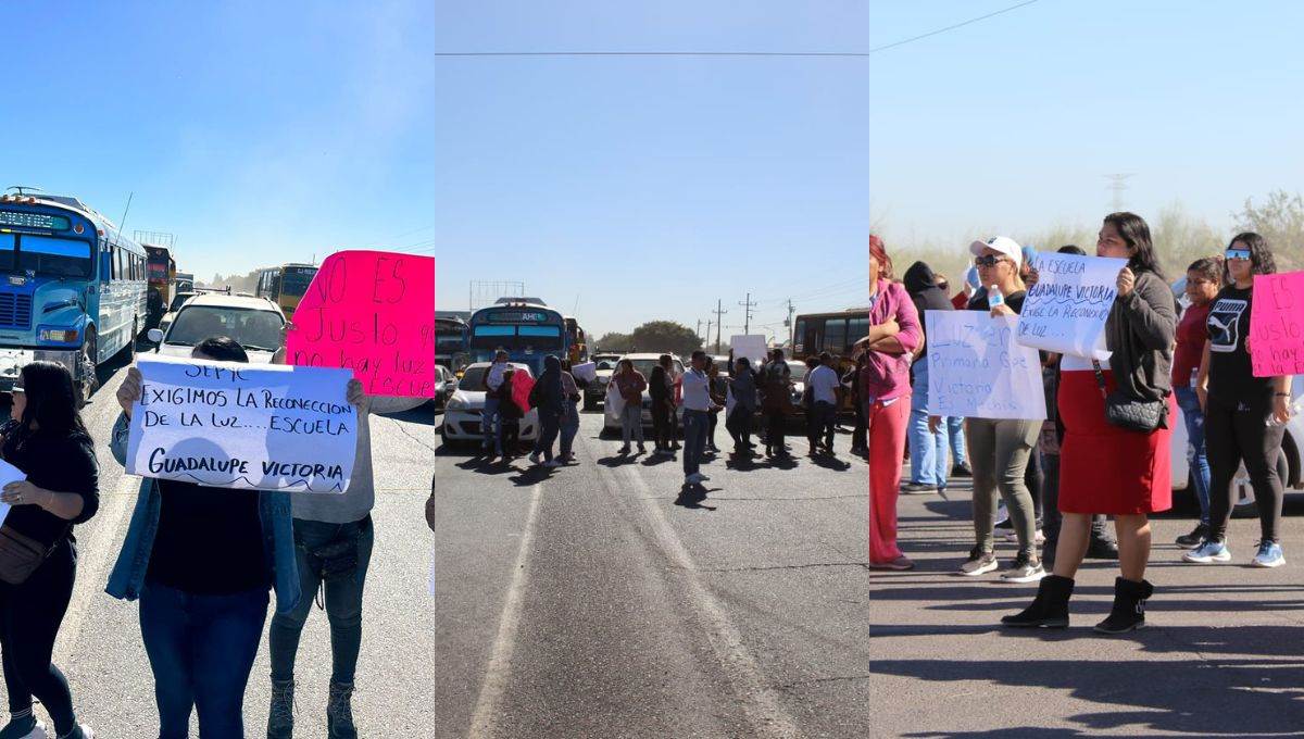 FOTO: Luz Noticias. Padres de familia bloquean la entrada al Ejido Mochis en busca del restablecimiento del servicio de luz eléctrica en escuelas primarias de la ciudad.