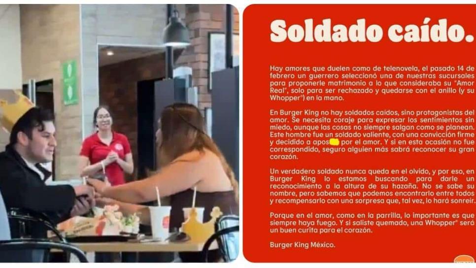 Burger King busca a soldado caído el 14 de febrero tras ser rechazado al pedir matrimonio