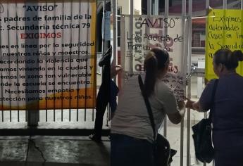 Padres de familia cierran la secundaria ETI 79 por violencia, exigen clases en línea