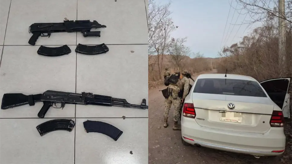 Grupo Interinstitucional asegura vehículo con reporte de robo, armas largas y municiones en Culiacán. FOTO: Luz Noticias.