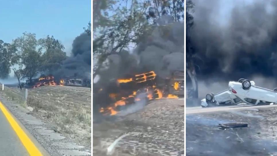 Tráiler nodriza con vehículos nuevos se accidenta y se incendia por la Maxipista de Mazatlán a Culiacán