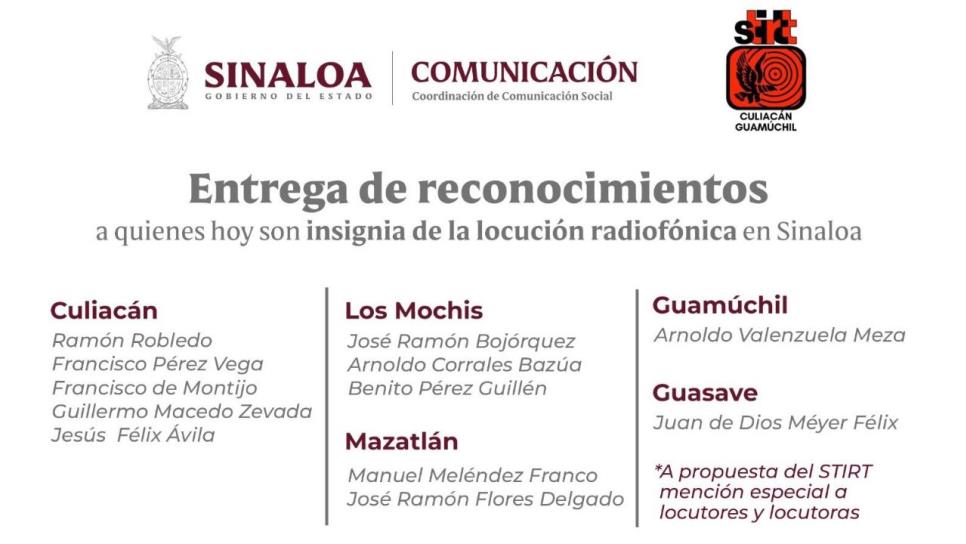 Reconocerá Gobierno del Estado a 12 locutores insignia de la radiodifusión sinaloense el 7 de junio Reconocerá Gobierno del Estado a 12 locutores insignia de la radiodifusión sinaloense el 7 de junio