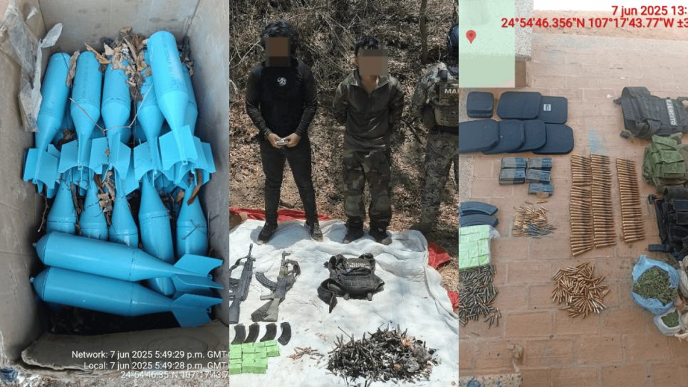 Detienen a dos sicarios con 24 explosivos, cuernos de chivo y camionetas de lujo, en Culiacán