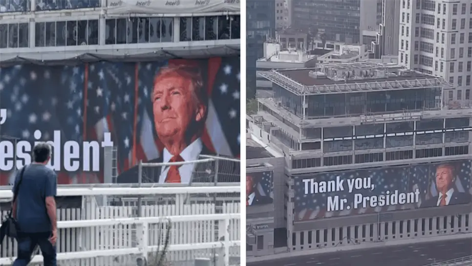 Así lucen los carteles de agradecimiento al presidente Trump. (FOTO: EFE/EPA/ABIR SULTAN/ILTV Israel News).