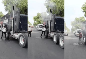 Tránsitos de Ahome auxilian a un chofer al que se le quemaba el tráiler