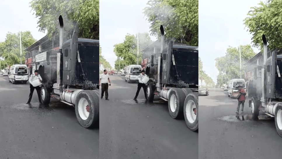 Tránsitos de Ahome auxilian a un chofer al que se le quemaba el tráiler Tránsitos de Ahome auxilian a un chofer al que se le quemaba el tráiler