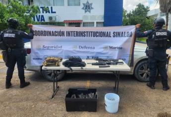 Aseguran 30 explosivos para dron y armas de fuego en Río Viejo, Navolato