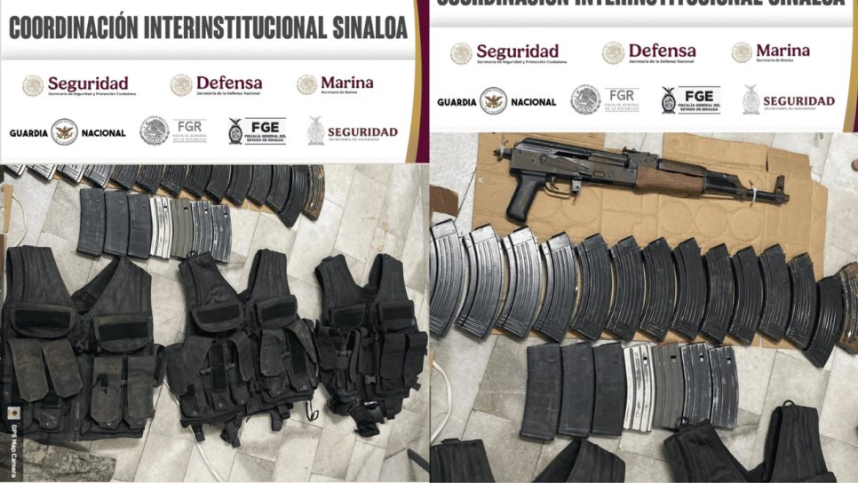 Aseguran droga, armamento, municiones y equipo táctico en Elota