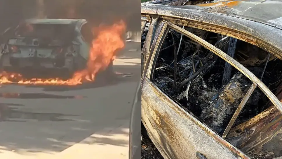 Incendio consume un vehículo en Los Mochis, terminó como pérdida total