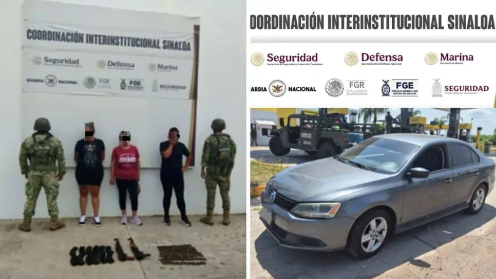 Detienen a tres mujeres con rifles cuerno de chivo, municiones y celulares en Infonavit Barrancos, en Culiacán