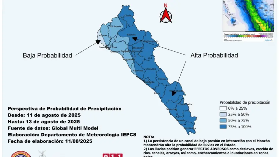 SMN alerta a Sinaloa por 72 horas de lluvias fuertes