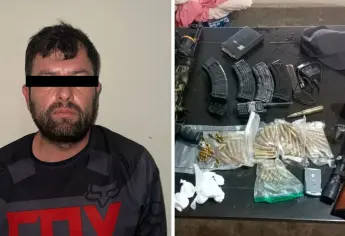 Detienen a presunto sicario con rifles, equipo táctico, municiones y droga en El Tamarindo, Culiacán