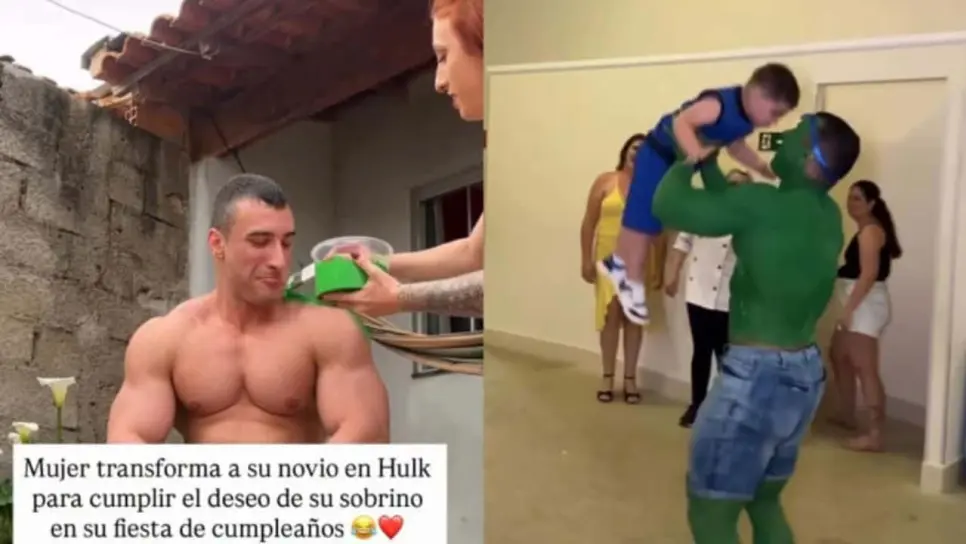 Mujer transforma a su pareja en Hulk con pintura verde para fiesta de su sobrino | VIDEO