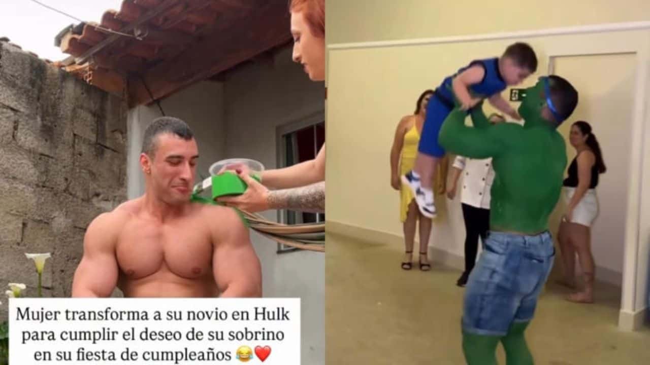 Mujer transforma a su pareja en Hulk con pintura verde para fiesta de su sobrino | VIDEO