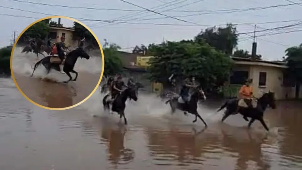 Jinetes cabalgan por calles inundadas de Los Mochis; hasta repartidor de Didi Food iba en la cabalgata Jinetes cabalgan por calles inundadas de Los Mochis; hasta repartidor de Didi Food iba en la cabalgata