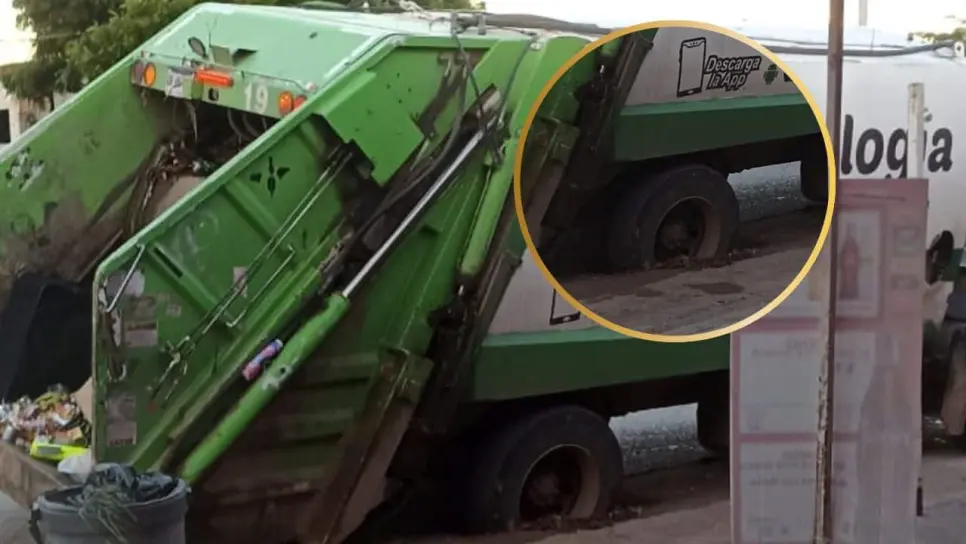 Otro socavón en Los Mochis: ahora un camión de basura quedó atrapado en la colonia Estrella