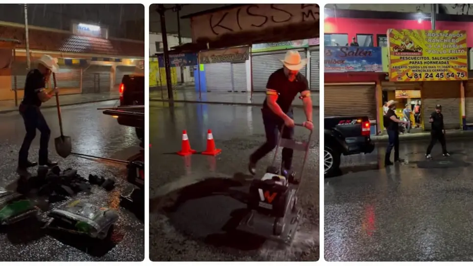 Con maquinaria propia, El Potro repara los baches antes de que ocurra un accidente. (FOTO: TikTok @Manuel Cantú).