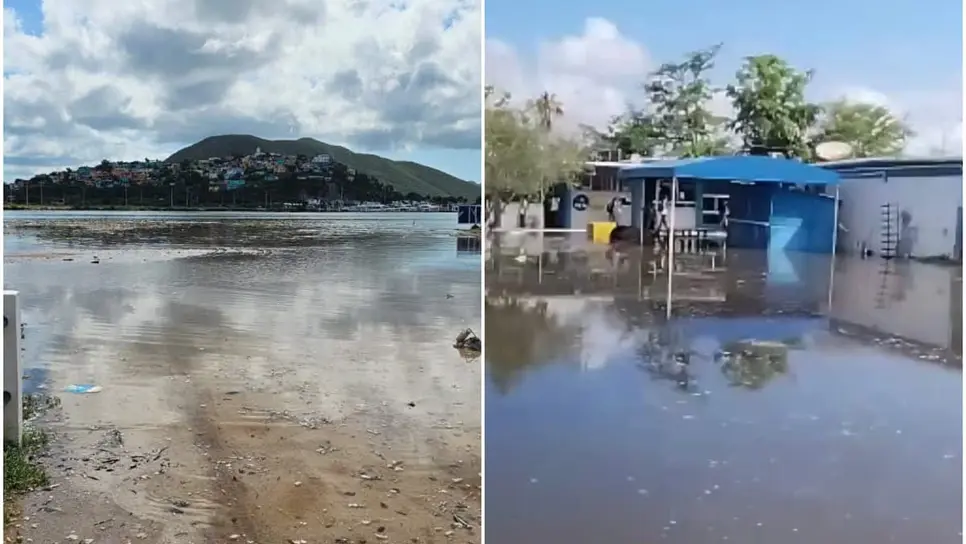 FOTO: Inusual marea alta sorprende a Topolobampo y deja a la preparatoria CETMAR bajo el agua