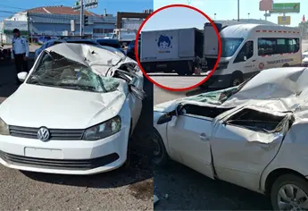 Carro de hielera cae sobre automóvil en Mazatlán; conductora resultó ilesa de milagro