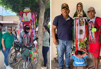 Santiago, el peregrino guadalupano que atraviesa Sinaloa en bicicleta con la Virgen de Guadalupe en hombros