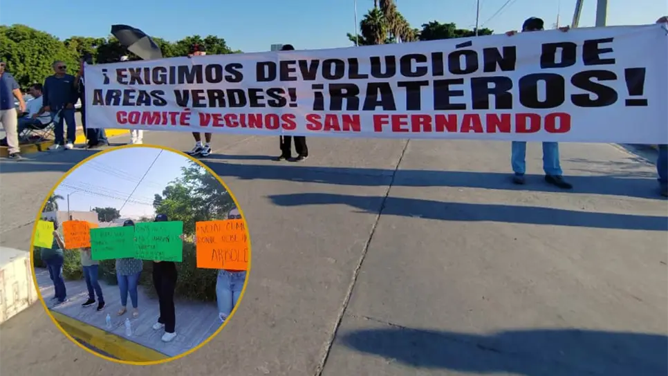 FOTO: Vecinos de la colonia San Fernando bloquean el bulevar Rosales para exigir que se detenga la presunta venta de áreas verdes y se restablezca el drenaje