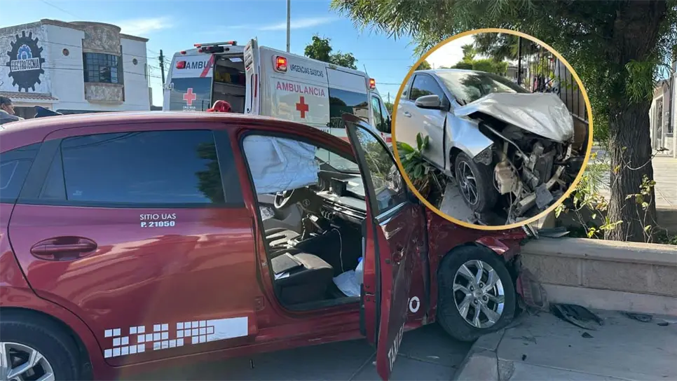 Taxista se pasa un alto y provoca aparatoso accidente en Los Mochis; los vehículos impactaron contra un macetero y una casa