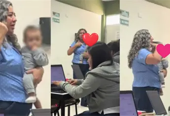 Maestra de Guasave ayuda a cargar a bebé de su alumna para que termine la tarea y conmueve en redes