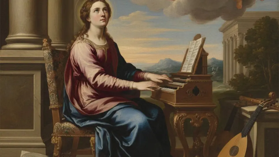 FOTO: Santa Cecilia es representada a menudo con instrumentos musicales, recordando el canto que elevó a Dios el día de su boda