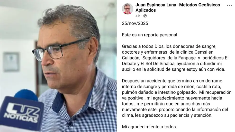 El especialista anunció que espera retomar en los próximos días sus habituales reportes del clima, actividad que realiza diariamente para miles de seguidores, una vez los médicos lo den de alta y su estado físico lo permita