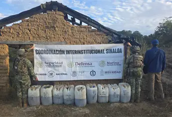 Marina asegura camioneta, arma, cartuchos y químicos para droga en una finca de adobe de Choix