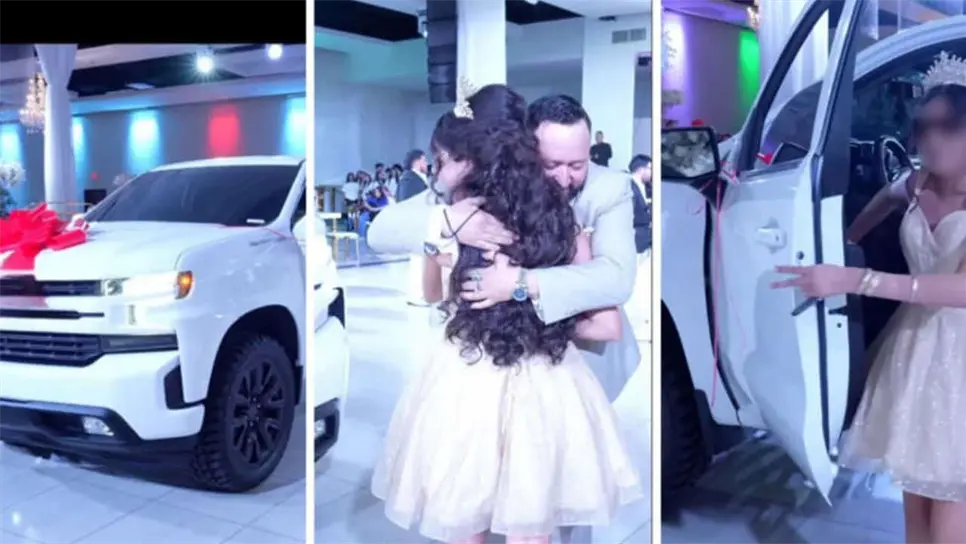 La festejada se pudo subir a la camioneta durante unos segundos, pero fue imposible manejarla dentro del salón. Todos grabaron el momento de los hechos, mientras que su padre y su madre le brindaron un tremendo abrazo